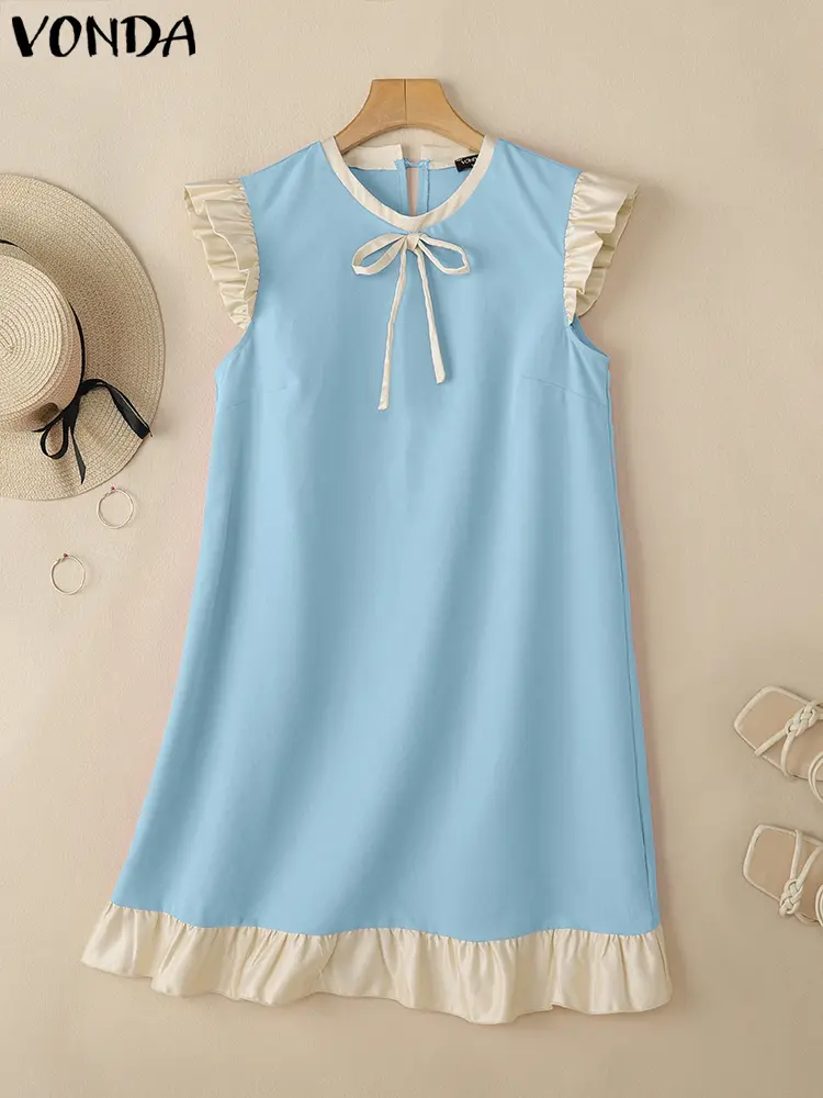 VONDA 2025 Summer Women Tank Sleeveless Dress Fashion Lace-Up Ruffled Party Vestidos Casual Loose Solid Robe Oversized Sundress