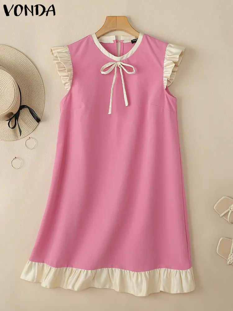 VONDA 2025 Summer Women Tank Sleeveless Dress Fashion Lace-Up Ruffled Party Vestidos Casual Loose Solid Robe Oversized Sundress