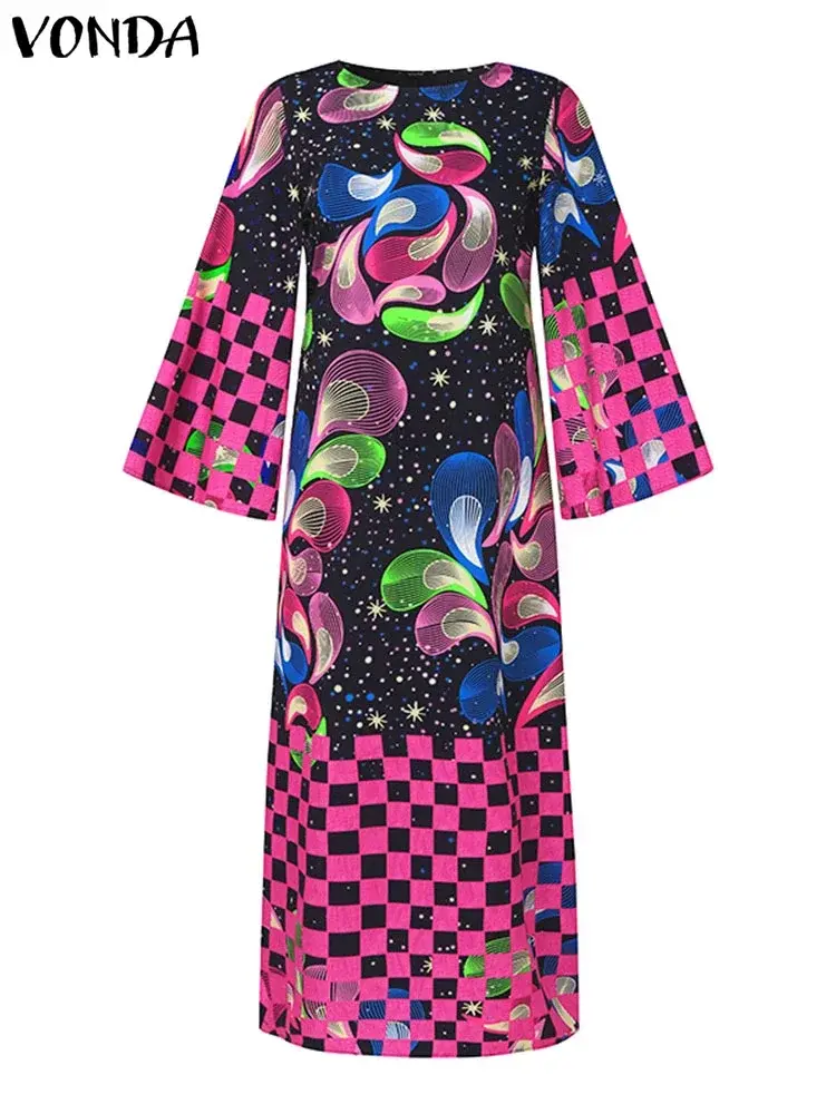 VONDA Women Maxi Dress 2025 Summer Bohemian Long Flare Sleeve Printed Sundress Casual Loose Party Vestido Oversized Robe Femme