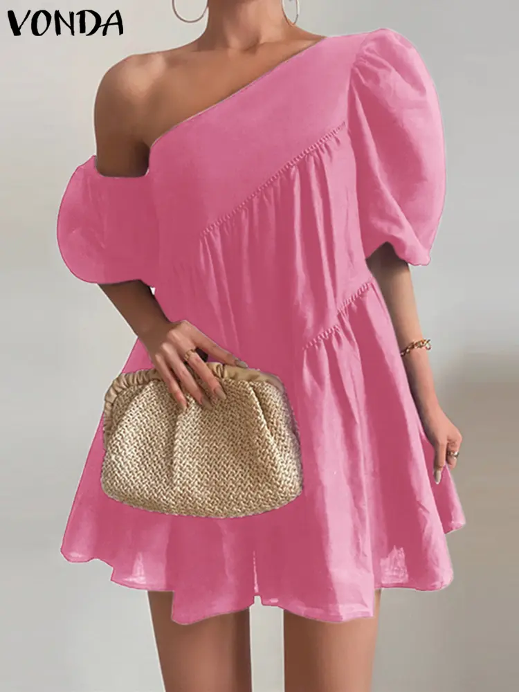 VONDA Women Mini Dress Short Sleeve Summer Sexy Party Sundress 2025 Fashion Casual Ruffled Vestidos Skew Collar Solid Robe