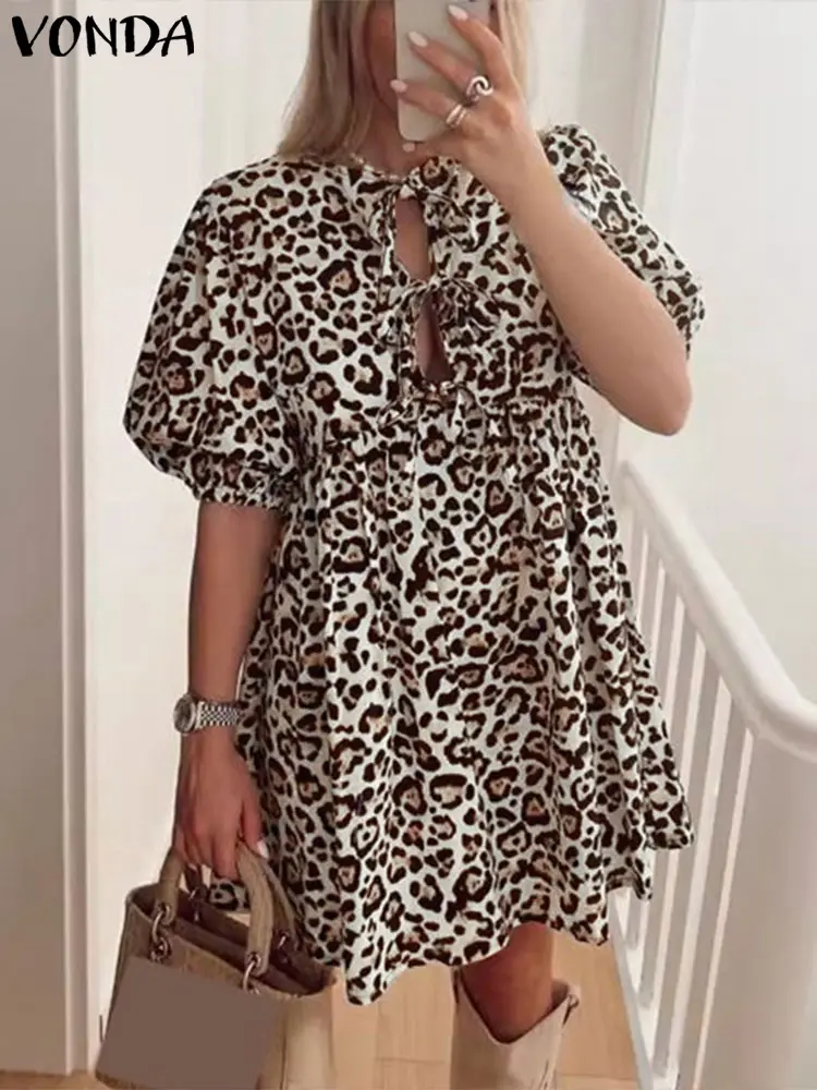 VONDA Bohemian Leopard Print Mini Dress 2025 Summer Women Sundress Short Sleeve Lace-up Casual Party Vestidos Loose Beach Robe
