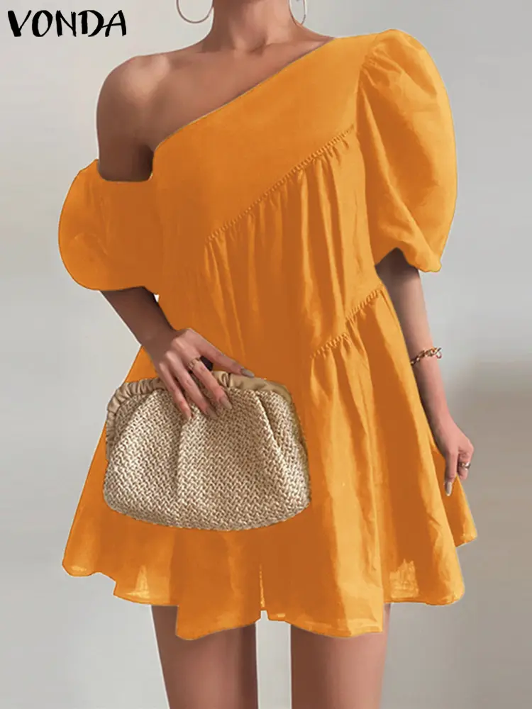 VONDA Women Mini Dress Short Sleeve Summer Sexy Party Sundress 2025 Fashion Casual Ruffled Vestidos Skew Collar Solid Robe