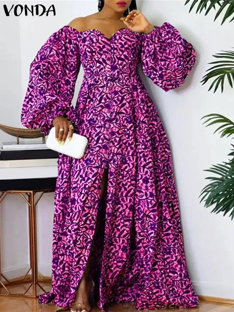 VONDA 2025 Summer Fashion Off Shoulder Maxi Dress Bohemian Puff Sleeve Floor-Length Printed Vestidos Oversize Loose Casual Robe
