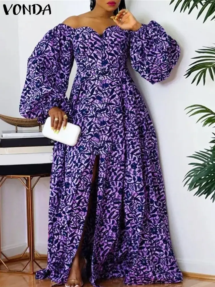 VONDA 2025 Summer Fashion Off Shoulder Maxi Dress Bohemian Puff Sleeve Floor-Length Printed Vestidos Oversize Loose Casual Robe