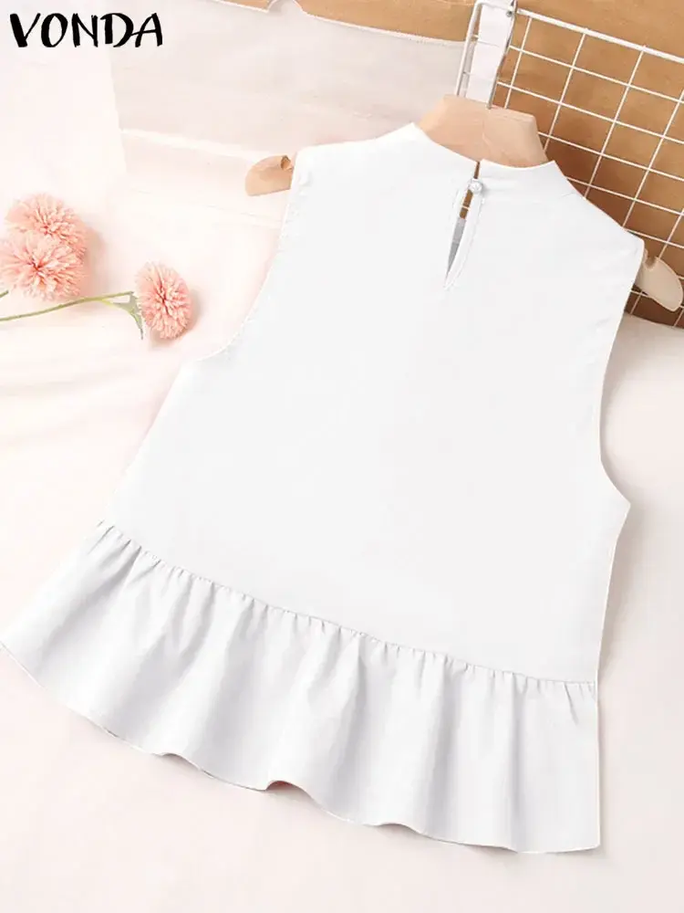 Plus Size 5XL VONDA Women Tanks Tops Sexy Sleeveless Tees 2025 Summer Ruffled Tunic Casual Stand Collar Loose Solid Color Shirts