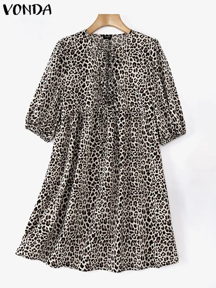 VONDA Bohemian Leopard Print Mini Dress 2025 Summer Women Sundress Short Sleeve Lace-up Casual Party Vestidos Loose Beach Robe