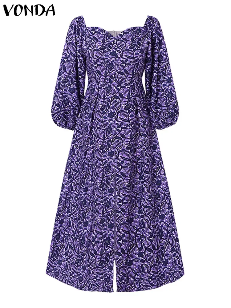 VONDA 2025 Summer Fashion Off Shoulder Maxi Dress Bohemian Puff Sleeve Floor-Length Printed Vestidos Oversize Loose Casual Robe
