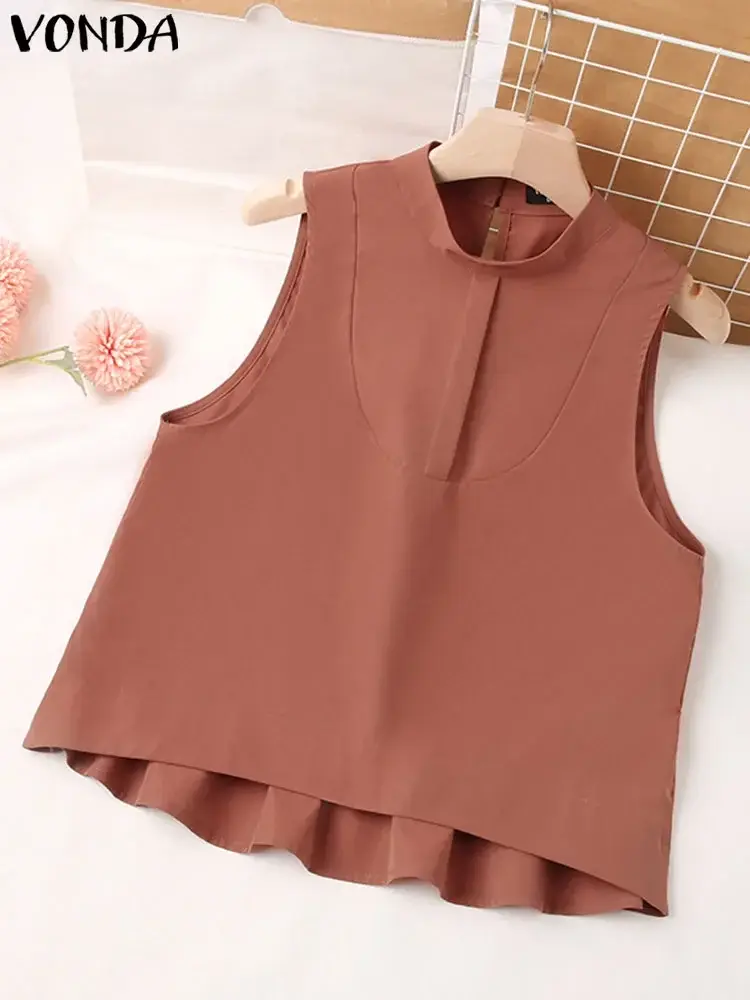 Plus Size 5XL VONDA Women Tanks Tops Sexy Sleeveless Tees 2025 Summer Ruffled Tunic Casual Stand Collar Loose Solid Color Shirts