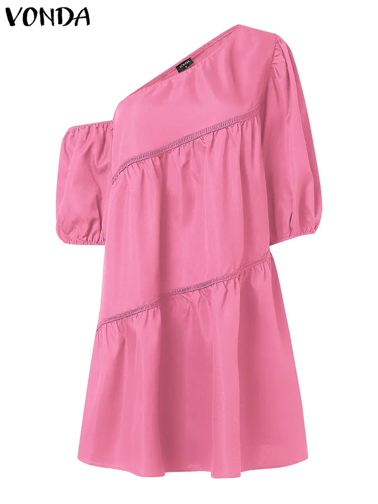 VONDA Women Mini Dress Short Sleeve Summer Sexy Party Sundress 2025 Fashion Casual Ruffled Vestidos Skew Collar Solid Robe