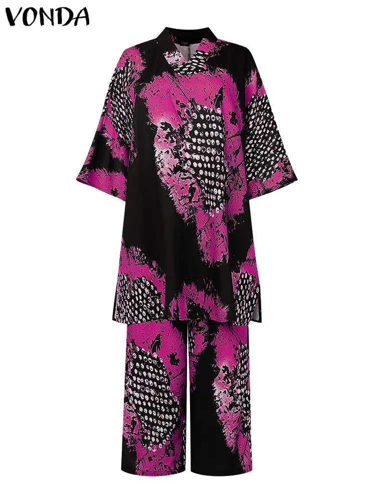 VONDA Women Vintage Pant Sets 2025 Summer Bohemian Print Long Tops and Wide Leg Pants Casual Loose 2pcs Fashion Two-piece Outfit