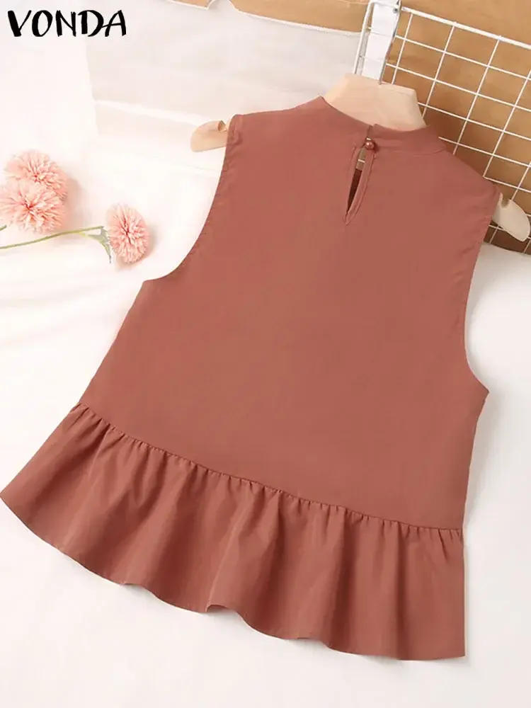 Plus Size 5XL VONDA Women Tanks Tops Sexy Sleeveless Tees 2025 Summer Ruffled Tunic Casual Stand Collar Loose Solid Color Shirts