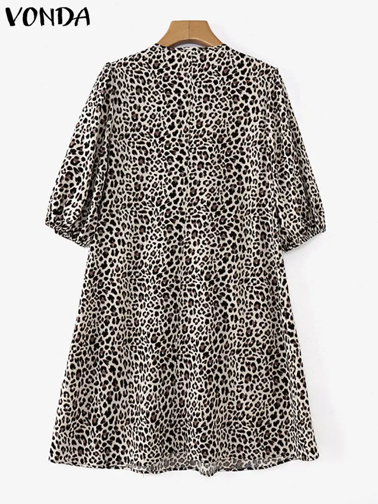 VONDA Bohemian Leopard Print Mini Dress 2025 Summer Women Sundress Short Sleeve Lace-up Casual Party Vestidos Loose Beach Robe
