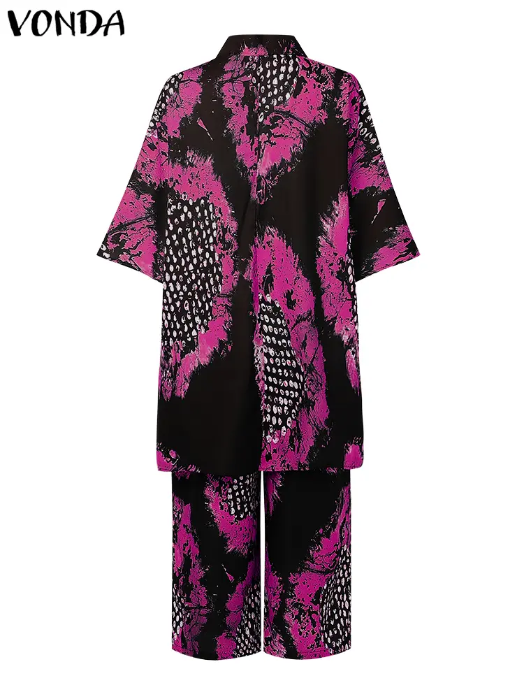 VONDA Women Vintage Pant Sets 2025 Summer Bohemian Print Long Tops and Wide Leg Pants Casual Loose 2pcs Fashion Two-piece Outfit