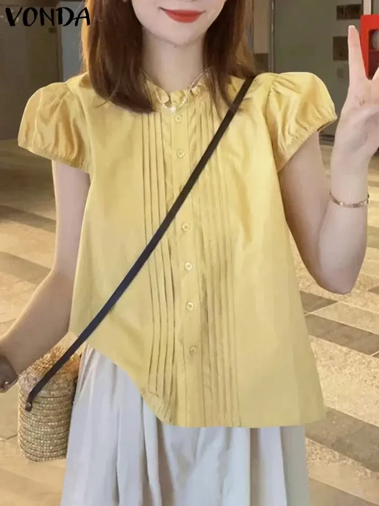 VONDA Women Summer Ruffled Shirts 2025 Solid Color Loose Blouse Casual Short Puff Sleeve Tops Elegant Stand Collar Blusas Femme