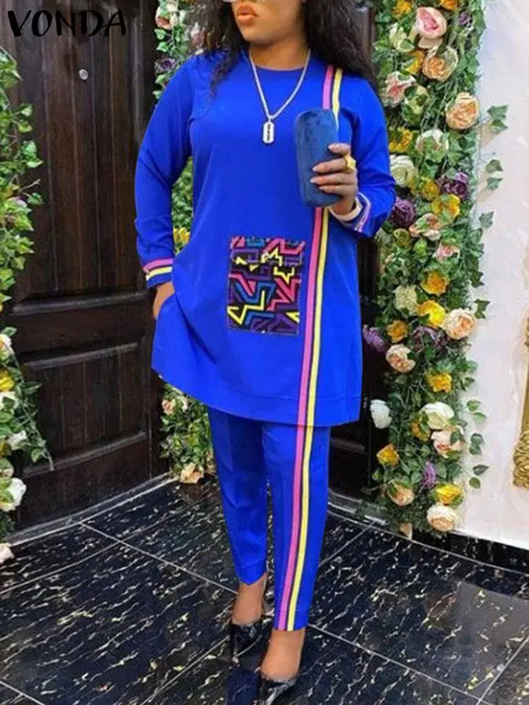 Plus Size 5XL VONDA Women Pant Sets 2025 Printed Suits Vintage Long Sleeve Tops and Trousers BohemianCasual Loose Elegant 2PCS