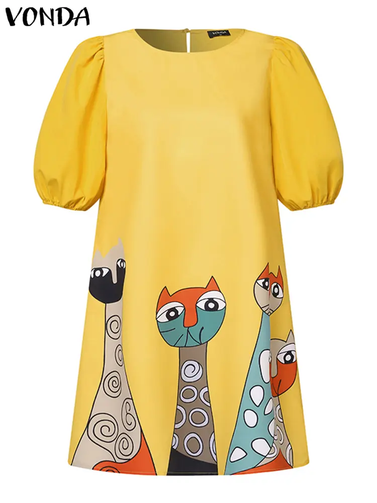 VONDA Summer Dress Women Short Sleeve Bohemian Mini Sundress 2025 Printed Robe Round Neck Casual Loose Vestidos Holiday