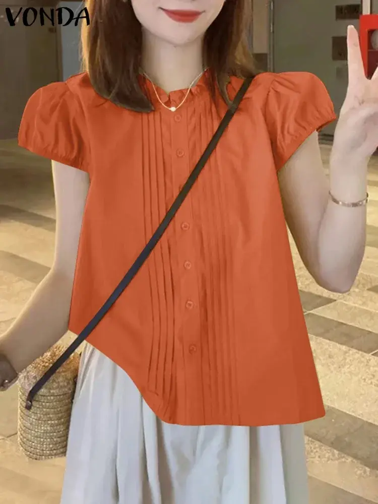 VONDA Women Summer Ruffled Shirts 2025 Solid Color Loose Blouse Casual Short Puff Sleeve Tops Elegant Stand Collar Blusas Femme