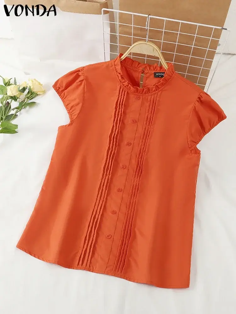 VONDA Women Summer Ruffled Shirts 2025 Solid Color Loose Blouse Casual Short Puff Sleeve Tops Elegant Stand Collar Blusas Femme