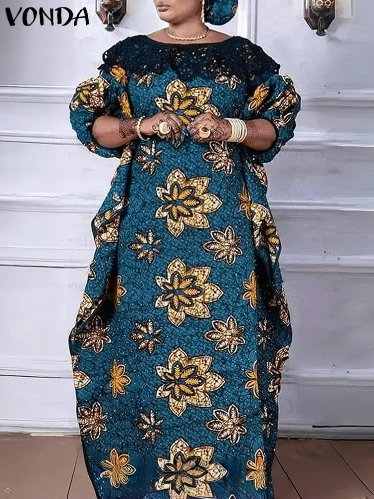 VONDA 2025 Bohemian Floral Printed Maxi Long Dress Women Puff Sleeve Summer Sundress Fashion Split Lace Patchwork Beach Vestido