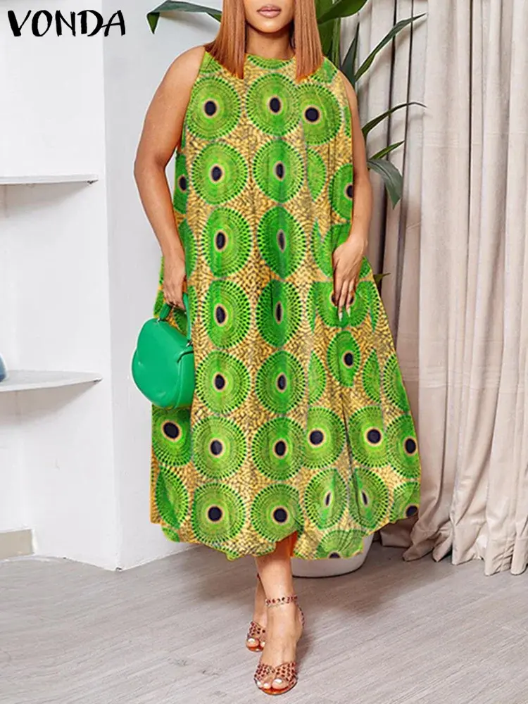 VONDA Women's Long Shirt Dresses 2025 Summer Vestidos Bohemian Sleeveless Casual Loose Vintage Printed Midi Sundress Beach Robe