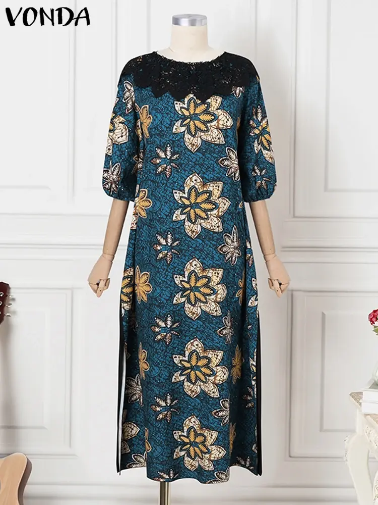 VONDA 2025 Bohemian Floral Printed Maxi Long Dress Women Puff Sleeve Summer Sundress Fashion Split Lace Patchwork Beach Vestido