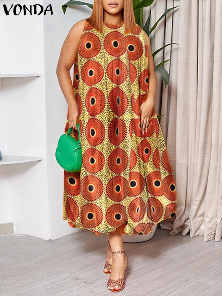 VONDA Women's Long Shirt Dresses 2025 Summer Vestidos Bohemian Sleeveless Casual Loose Vintage Printed Midi Sundress Beach Robe