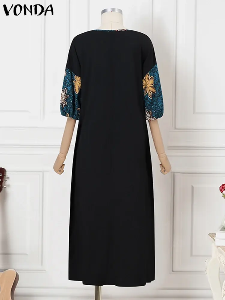 VONDA 2025 Bohemian Floral Printed Maxi Long Dress Women Puff Sleeve Summer Sundress Fashion Split Lace Patchwork Beach Vestido