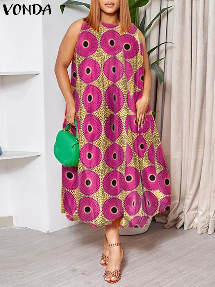 VONDA Women's Long Shirt Dresses 2025 Summer Vestidos Bohemian Sleeveless Casual Loose Vintage Printed Midi Sundress Beach Robe
