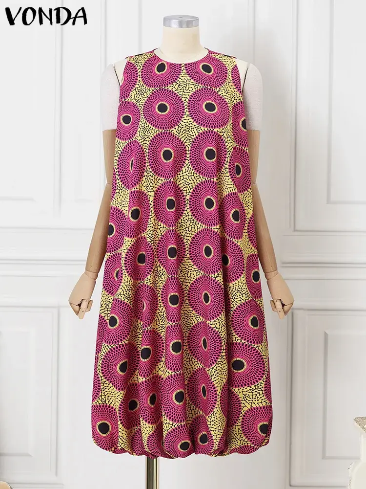 VONDA Women's Long Shirt Dresses 2025 Summer Vestidos Bohemian Sleeveless Casual Loose Vintage Printed Midi Sundress Beach Robe
