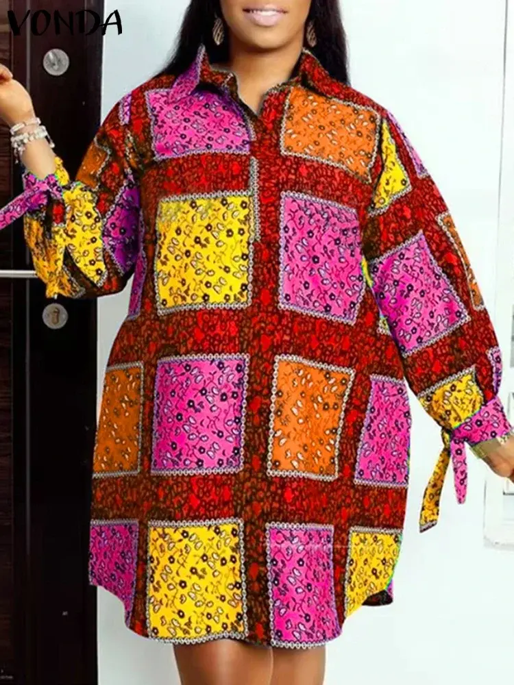 VONDA 2025 Bohemian Women Summer Mini Dress Long Sleeve Printed Party Sundress Vintage A-Line Vestidos Loose Robe Oversized