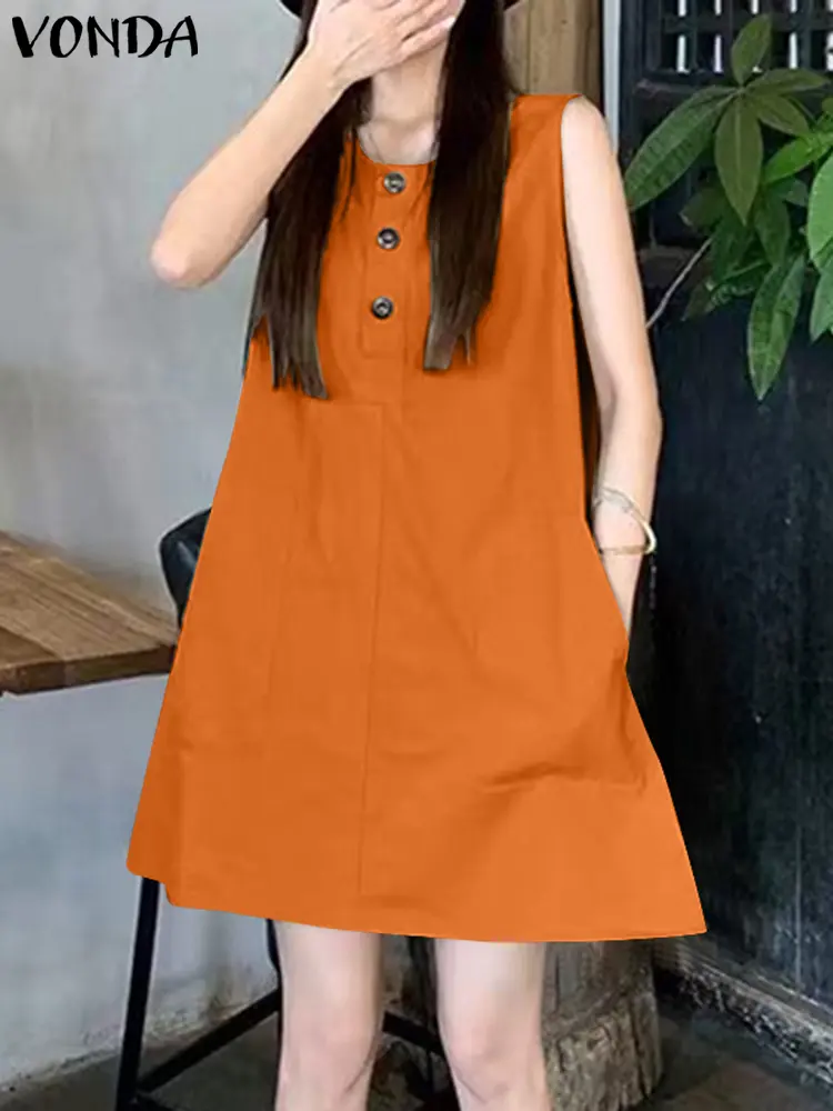 VONDA Women Sexy Mini Dress 2025 Summer Sleeveless Tank Sundress Fashion Pockets Buttons Beach Vestidos Casual Solid Color Robe
