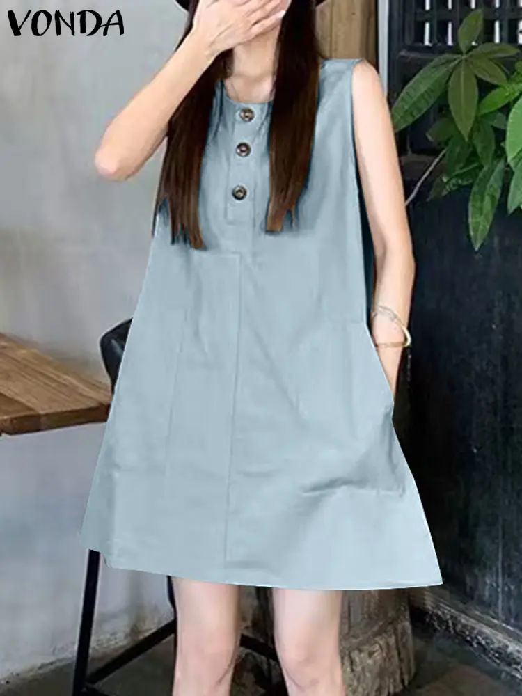 VONDA Women Sexy Mini Dress 2025 Summer Sleeveless Tank Sundress Fashion Pockets Buttons Beach Vestidos Casual Solid Color Robe