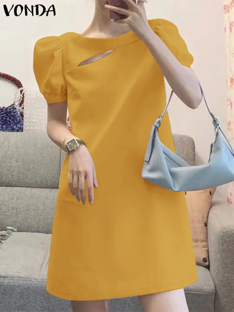 2025 VONDA Women Mini Dress Summer Sundress Short Puff Sleeve Casual Korean A-Line Hollow Out Solid Color Loose Beach Vestidos
