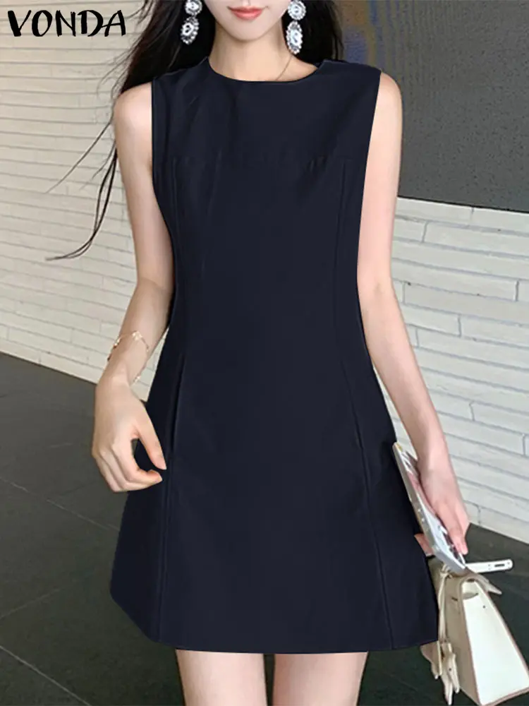 VONDA Summer Sundress Women Sleeveless Sexy Mini Dress 2025 Fashion O-Neck Casual Solid Color Party Vestidos A-Line Short Robe