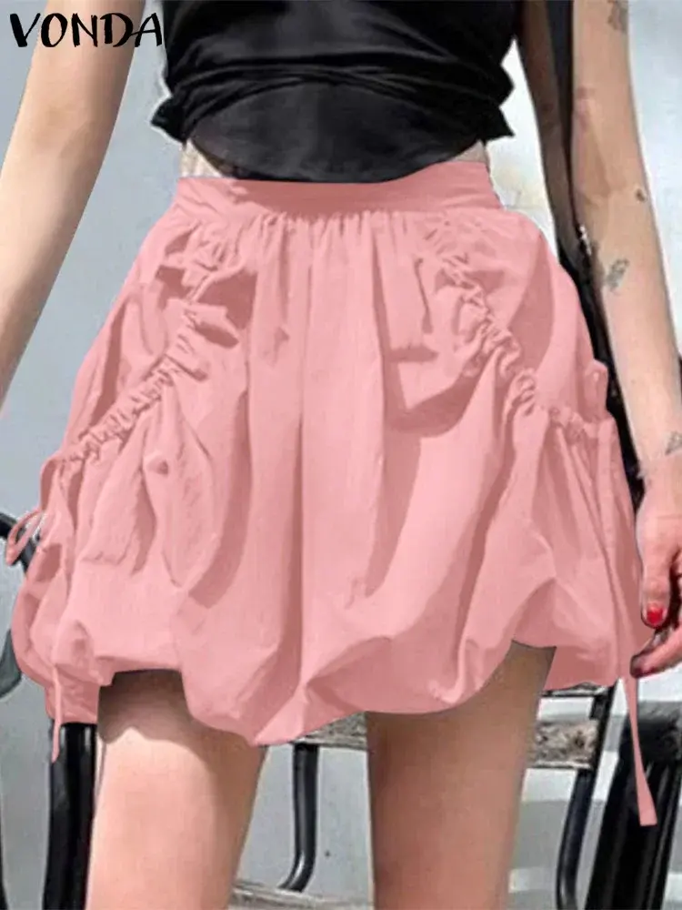VONDA 2025 Summer Women Bohemian Skirts Party Pleated Skirts Fashion Pockets Beach Casual Loose Solid Color Bottoms Oversized