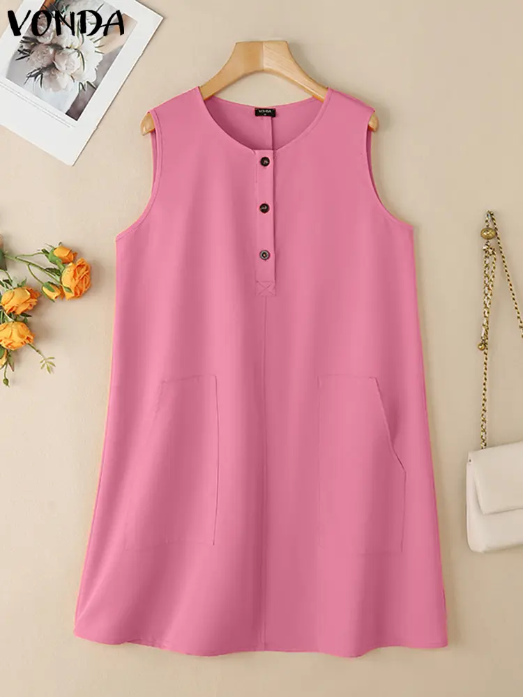 VONDA Women Sexy Mini Dress 2025 Summer Sleeveless Tank Sundress Fashion Pockets Buttons Beach Vestidos Casual Solid Color Robe