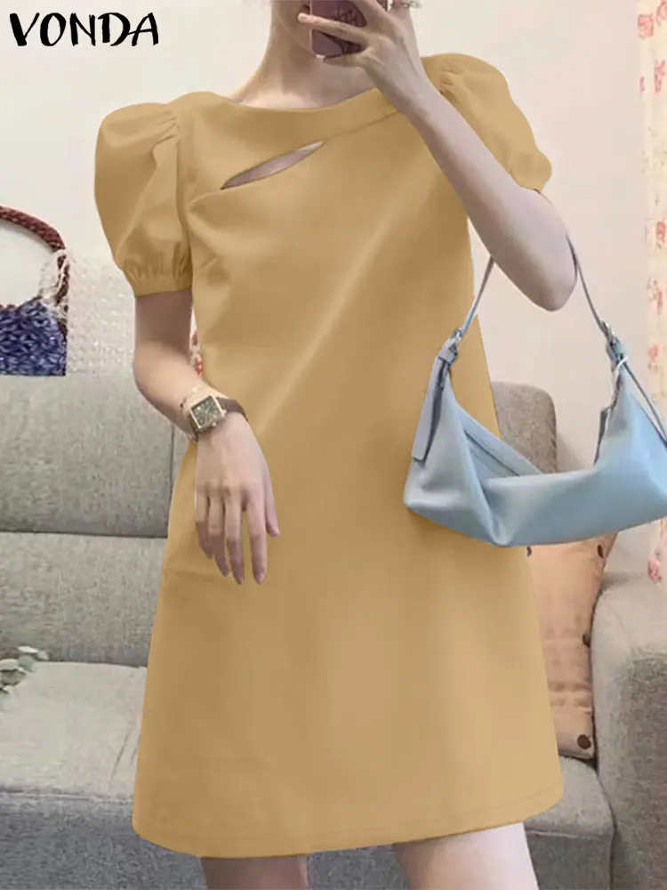 2025 VONDA Women Mini Dress Summer Sundress Short Puff Sleeve Casual Korean A-Line Hollow Out Solid Color Loose Beach Vestidos