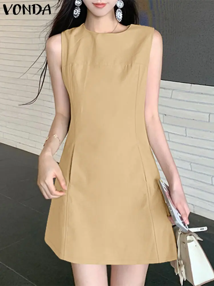 VONDA Summer Sundress Women Sleeveless Sexy Mini Dress 2025 Fashion O-Neck Casual Solid Color Party Vestidos A-Line Short Robe
