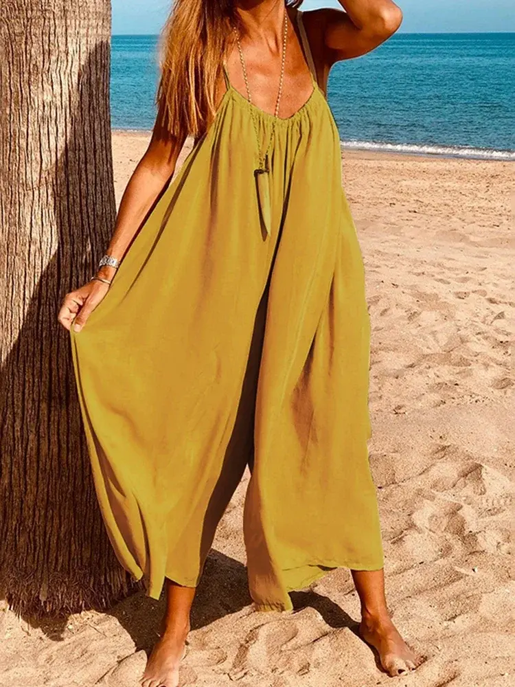 Plus Size 5XL VONDA Summer Jumpsuits 2025 Women Solid Playsuits Casual Loose Sexy Sleeveless V Neck Overalls Wide Leg Pants