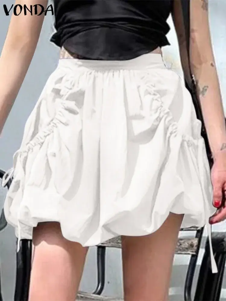 VONDA 2025 Summer Women Bohemian Skirts Party Pleated Skirts Fashion Pockets Beach Casual Loose Solid Color Bottoms Oversized