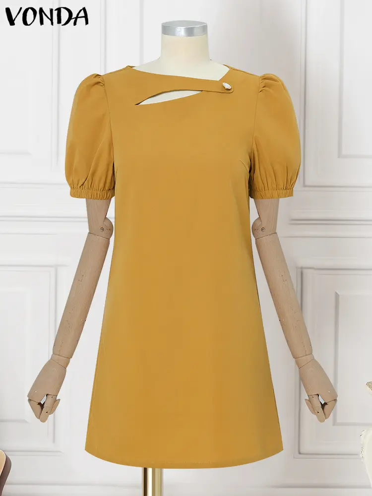 2025 VONDA Women Mini Dress Summer Sundress Short Puff Sleeve Casual Korean A-Line Hollow Out Solid Color Loose Beach Vestidos