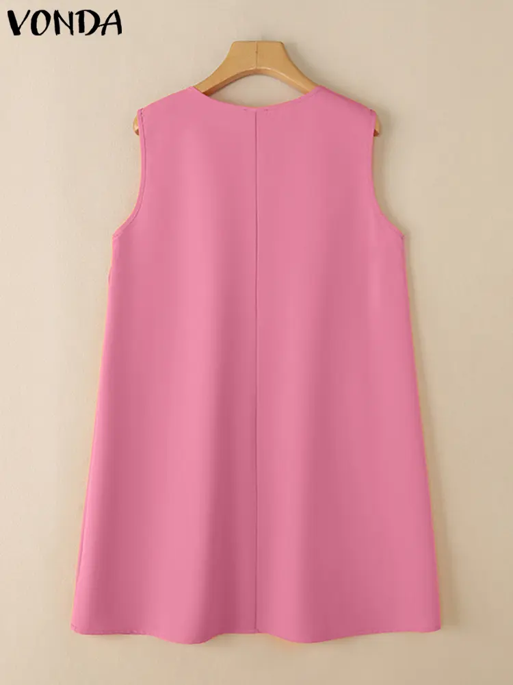 VONDA Women Sexy Mini Dress 2025 Summer Sleeveless Tank Sundress Fashion Pockets Buttons Beach Vestidos Casual Solid Color Robe