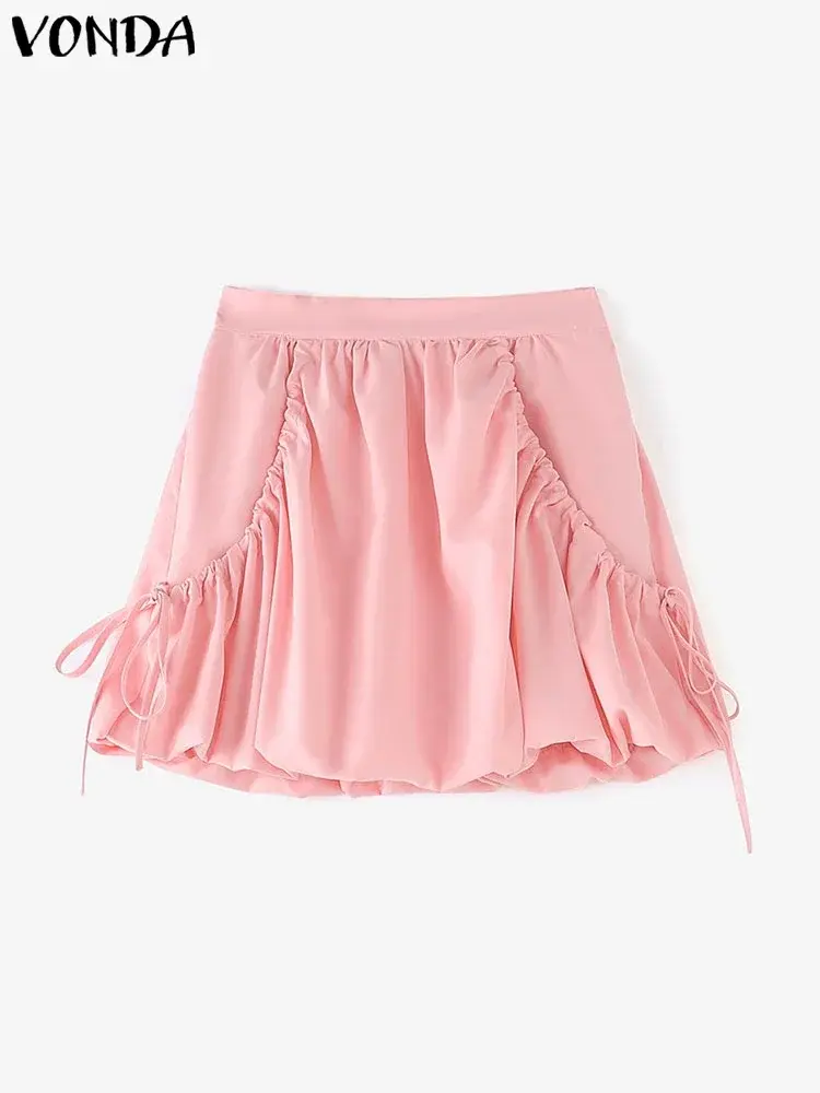 VONDA 2025 Summer Women Bohemian Skirts Party Pleated Skirts Fashion Pockets Beach Casual Loose Solid Color Bottoms Oversized