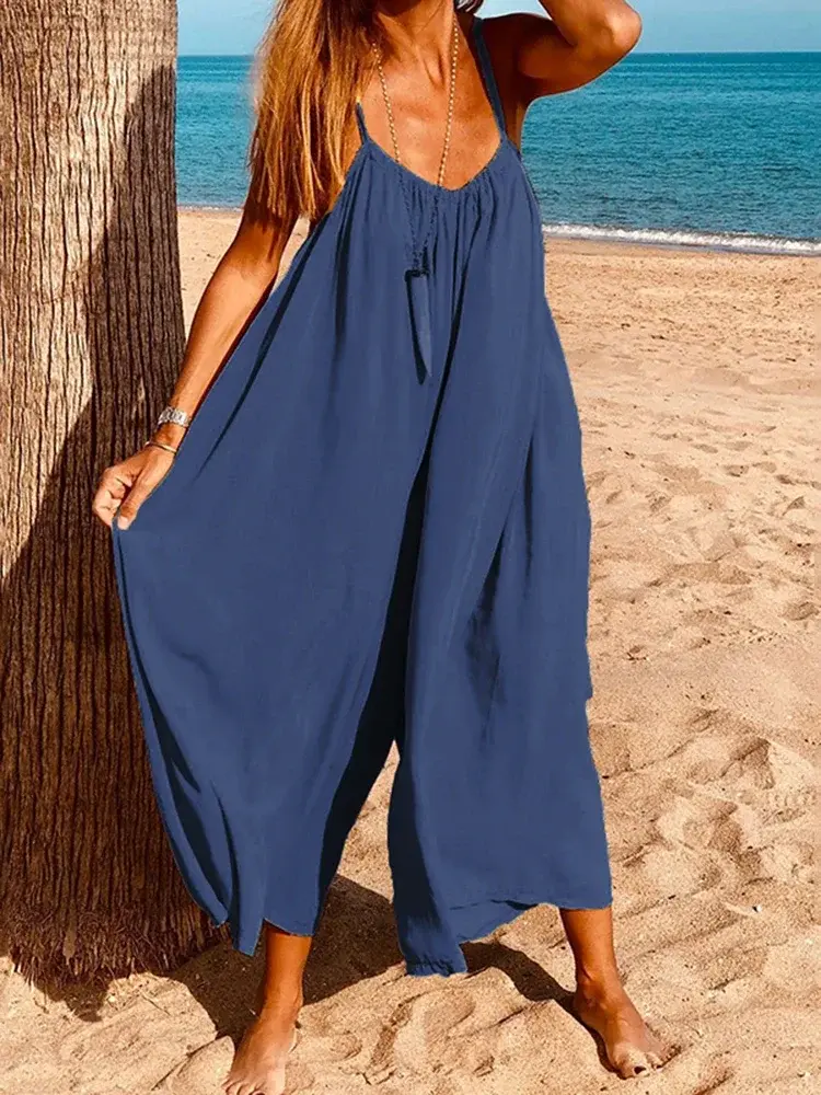 Plus Size 5XL VONDA Summer Jumpsuits 2025 Women Solid Playsuits Casual Loose Sexy Sleeveless V Neck Overalls Wide Leg Pants