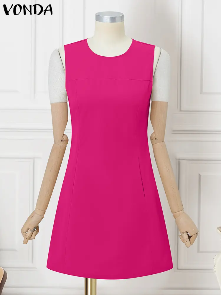 VONDA Summer Sundress Women Sleeveless Sexy Mini Dress 2025 Fashion O-Neck Casual Solid Color Party Vestidos A-Line Short Robe