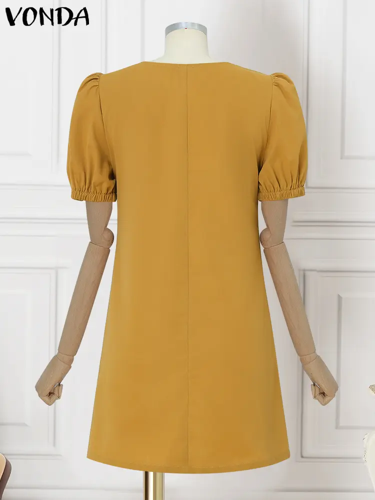 2025 VONDA Women Mini Dress Summer Sundress Short Puff Sleeve Casual Korean A-Line Hollow Out Solid Color Loose Beach Vestidos