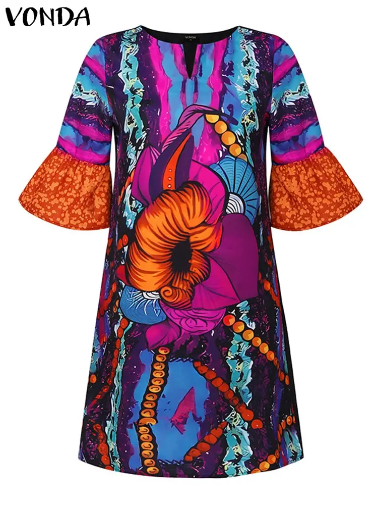 VONDA 2025 Summer Women Mini Dress Bohemian Flared Sleeve Printd Party Vestidos Vintage Crew neck Sundress Casual Loose Robe
