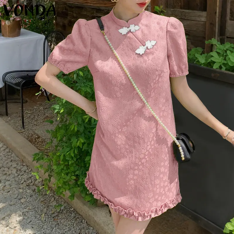 VONDA Elegant OL Dress Women Stand Collar Short Puff Sleeve Buttons Mini Dresses Casual 2025 Summer Fashion Solid Color Vestidos