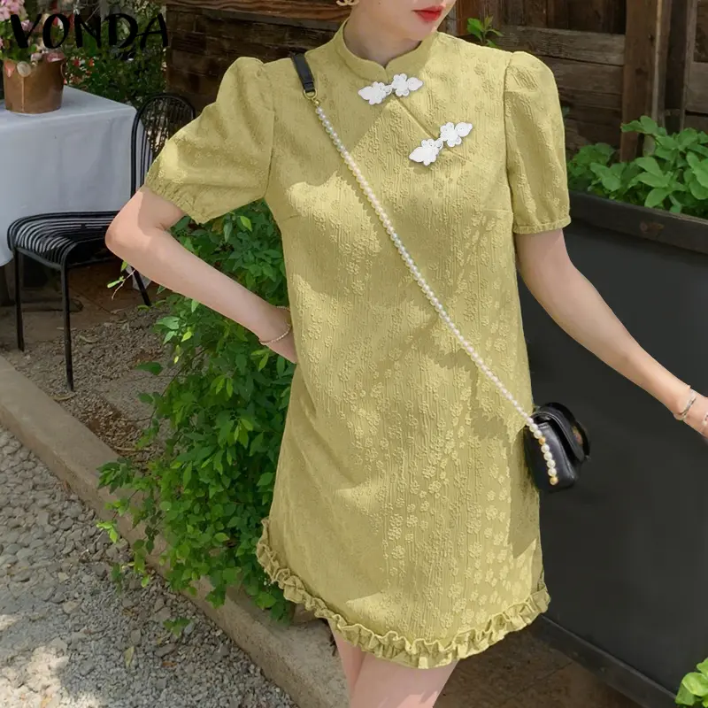VONDA Elegant OL Dress Women Stand Collar Short Puff Sleeve Buttons Mini Dresses Casual 2025 Summer Fashion Solid Color Vestidos