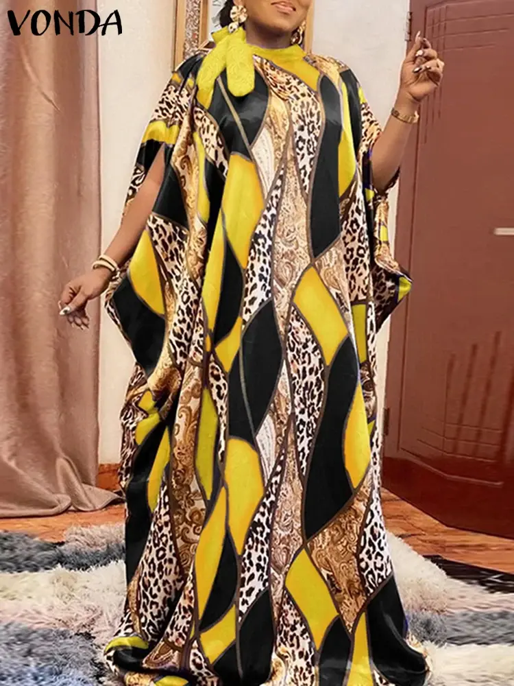 VONDA 2025 Summer Women Leopard Print Long Dress Bohemian Lace Up Maxi Sundress Half High Collar Robe Bat Sleeve Beach Vestidos